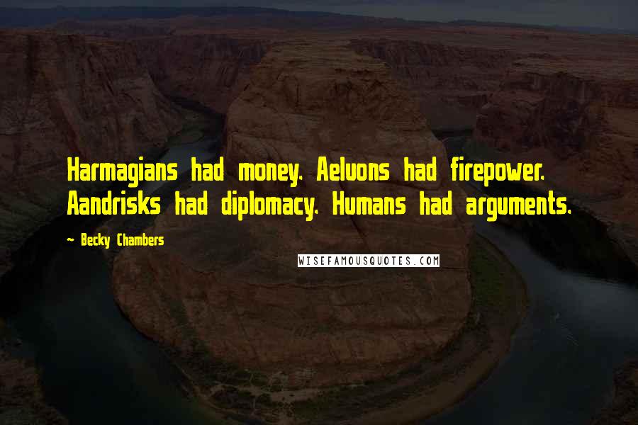 Becky Chambers Quotes: Harmagians had money. Aeluons had firepower. Aandrisks had diplomacy. Humans had arguments.