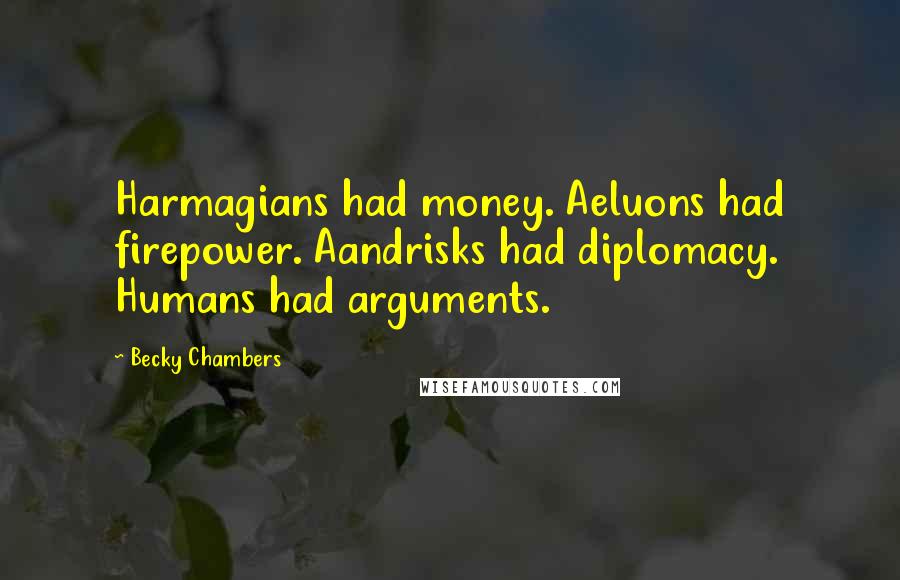 Becky Chambers Quotes: Harmagians had money. Aeluons had firepower. Aandrisks had diplomacy. Humans had arguments.