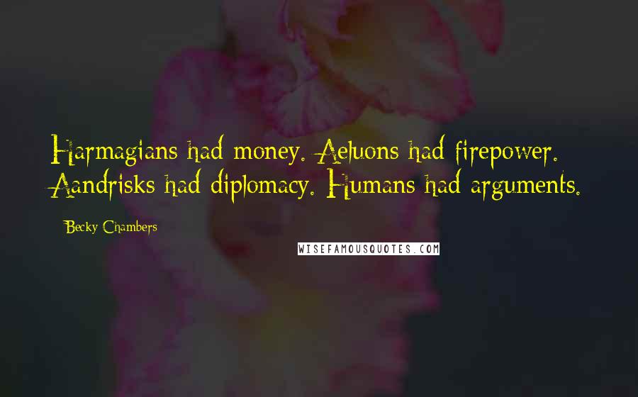 Becky Chambers Quotes: Harmagians had money. Aeluons had firepower. Aandrisks had diplomacy. Humans had arguments.