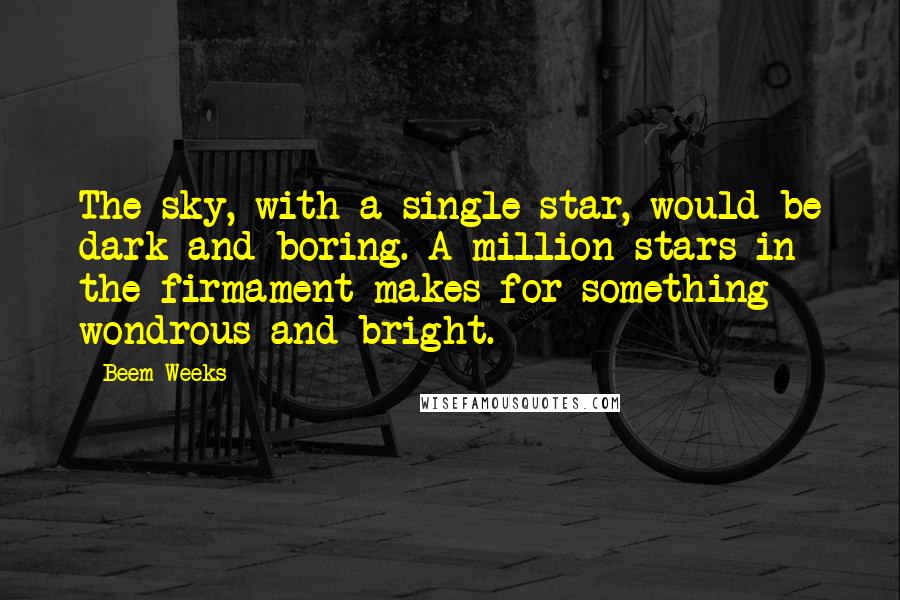 Beem Weeks Quotes: The sky, with a single star, would be dark and boring. A million stars in the firmament makes for something wondrous and bright.