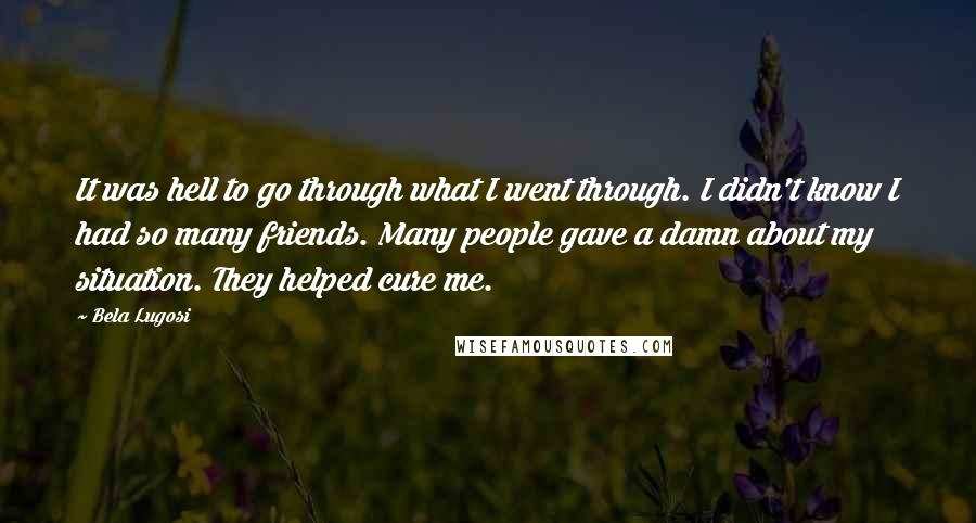 Bela Lugosi Quotes: It was hell to go through what I went through. I didn't know I had so many friends. Many people gave a damn about my situation. They helped cure me.