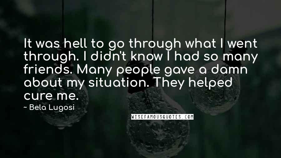 Bela Lugosi Quotes: It was hell to go through what I went through. I didn't know I had so many friends. Many people gave a damn about my situation. They helped cure me.