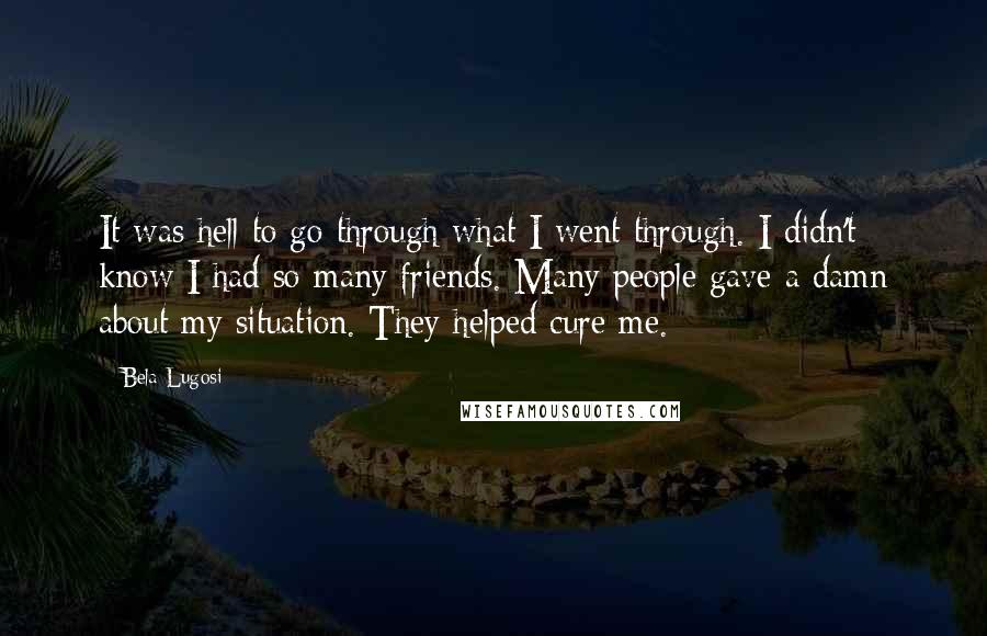 Bela Lugosi Quotes: It was hell to go through what I went through. I didn't know I had so many friends. Many people gave a damn about my situation. They helped cure me.