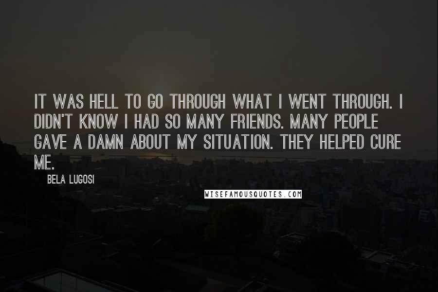 Bela Lugosi Quotes: It was hell to go through what I went through. I didn't know I had so many friends. Many people gave a damn about my situation. They helped cure me.