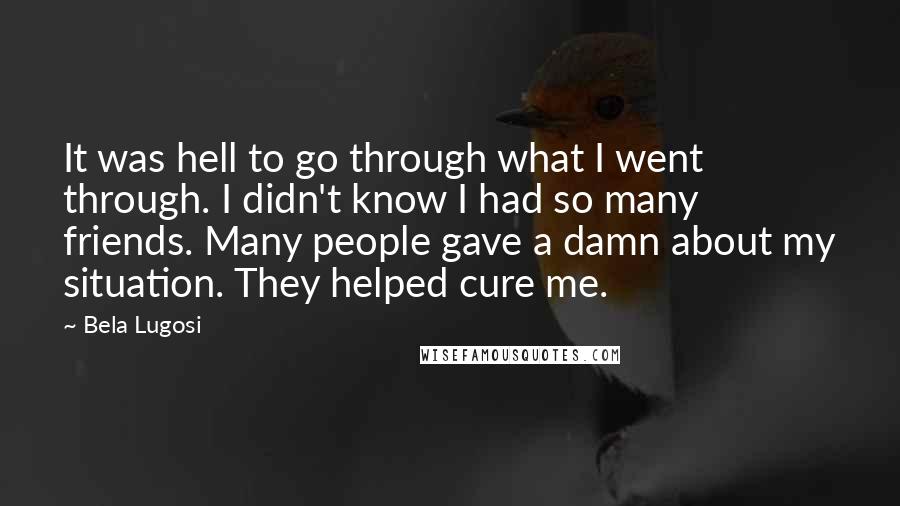 Bela Lugosi Quotes: It was hell to go through what I went through. I didn't know I had so many friends. Many people gave a damn about my situation. They helped cure me.