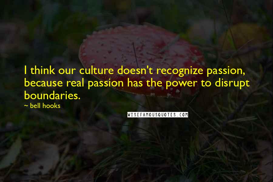 Bell Hooks Quotes: I think our culture doesn't recognize passion, because real passion has the power to disrupt boundaries.