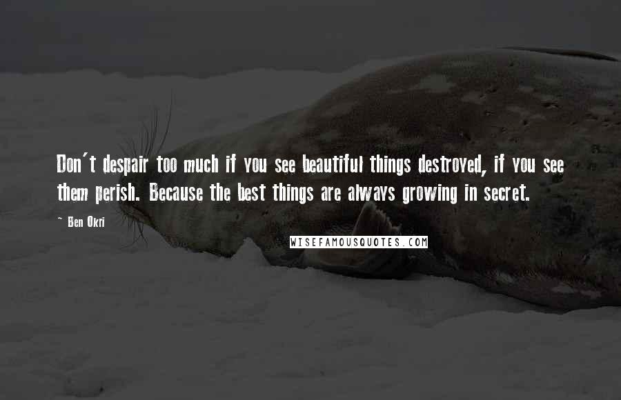 Ben Okri Quotes: Don't despair too much if you see beautiful things destroyed, if you see them perish. Because the best things are always growing in secret.