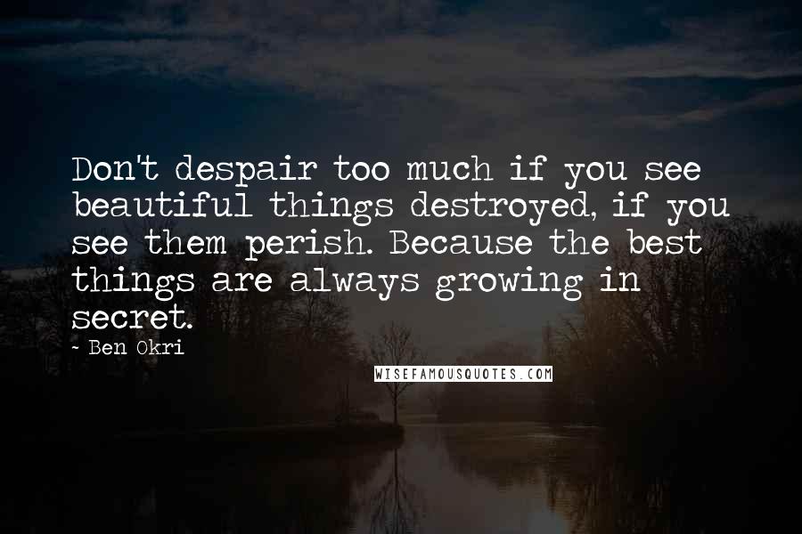 Ben Okri Quotes: Don't despair too much if you see beautiful things destroyed, if you see them perish. Because the best things are always growing in secret.