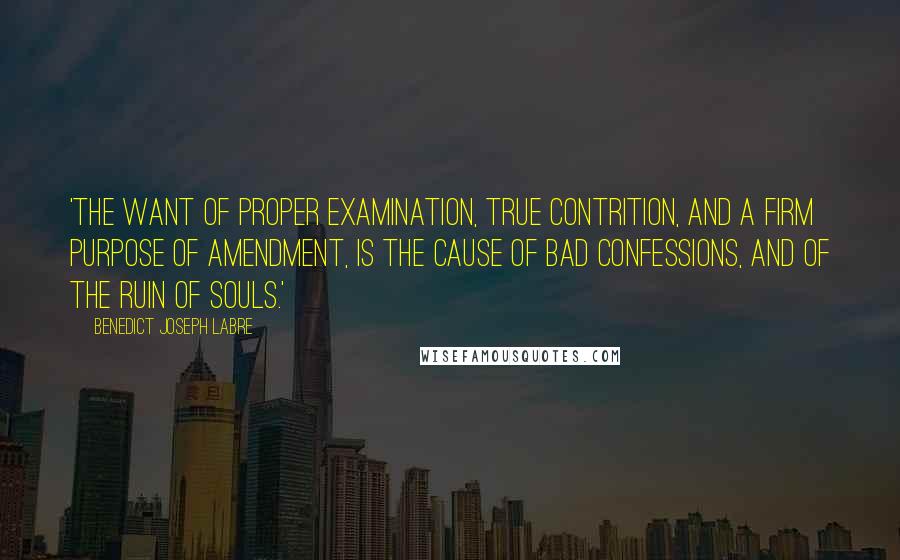 Benedict Joseph Labre Quotes: 'The want of proper examination, true contrition, and a firm purpose of amendment, is the cause of bad confessions, and of the ruin of souls.'