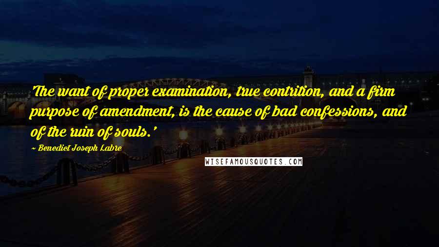 Benedict Joseph Labre Quotes: 'The want of proper examination, true contrition, and a firm purpose of amendment, is the cause of bad confessions, and of the ruin of souls.'