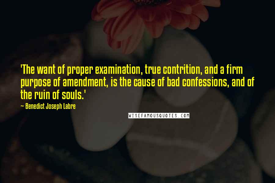 Benedict Joseph Labre Quotes: 'The want of proper examination, true contrition, and a firm purpose of amendment, is the cause of bad confessions, and of the ruin of souls.'