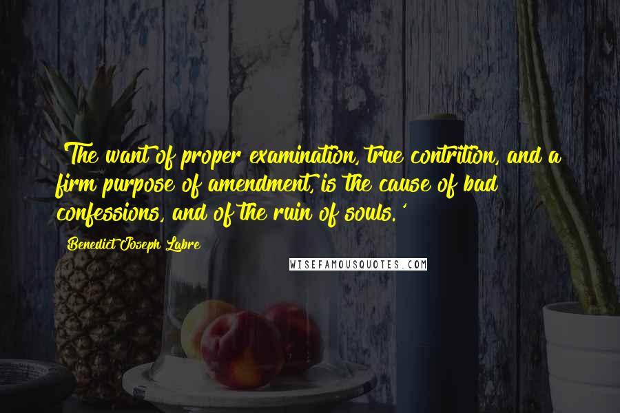 Benedict Joseph Labre Quotes: 'The want of proper examination, true contrition, and a firm purpose of amendment, is the cause of bad confessions, and of the ruin of souls.'