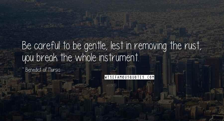 Benedict Of Nursia Quotes: Be careful to be gentle, lest in removing the rust, you break the whole instrument.