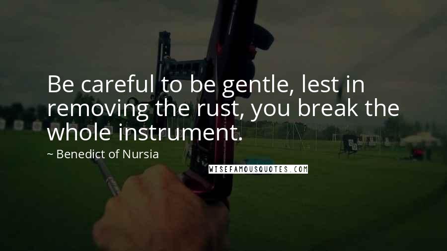 Benedict Of Nursia Quotes: Be careful to be gentle, lest in removing the rust, you break the whole instrument.