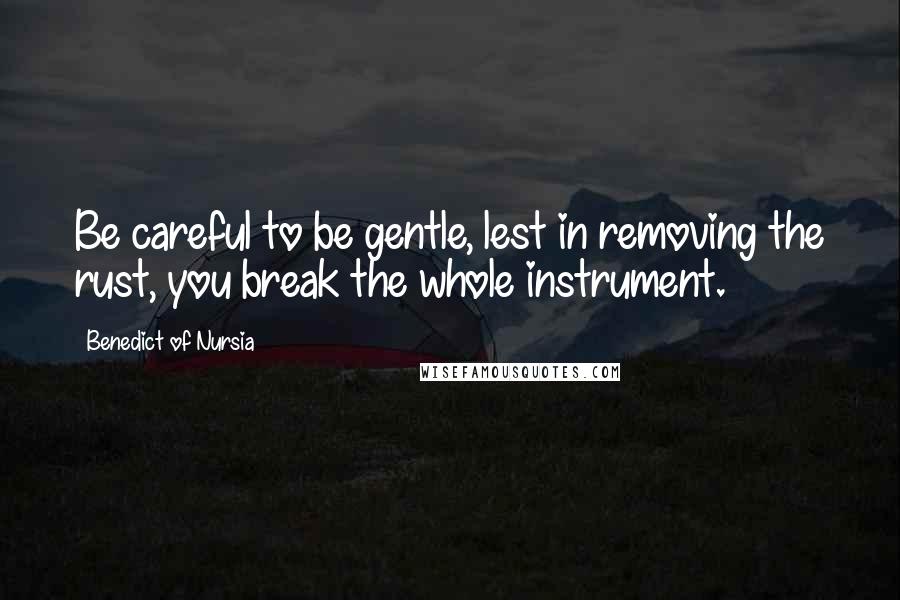 Benedict Of Nursia Quotes: Be careful to be gentle, lest in removing the rust, you break the whole instrument.