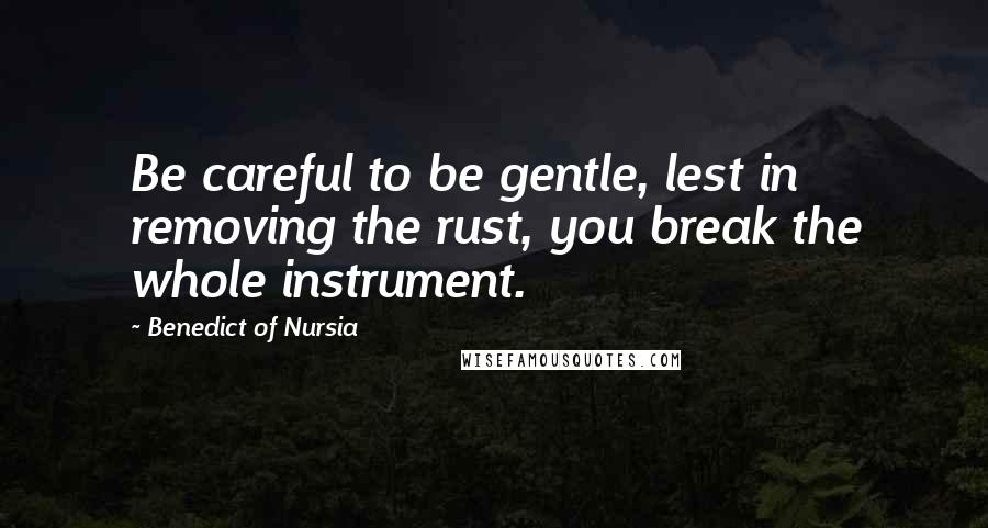 Benedict Of Nursia Quotes: Be careful to be gentle, lest in removing the rust, you break the whole instrument.