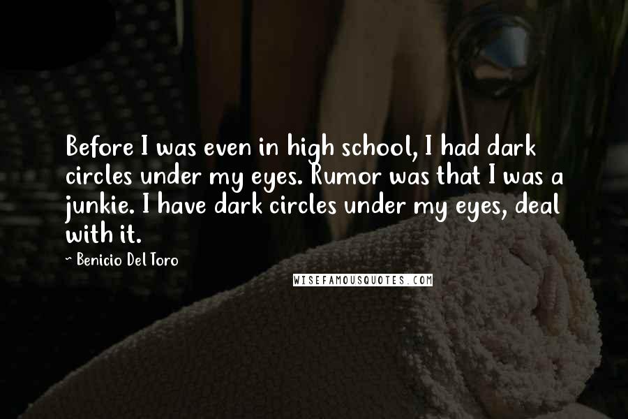Benicio Del Toro Quotes: Before I was even in high school, I had dark circles under my eyes. Rumor was that I was a junkie. I have dark circles under my eyes, deal with it.