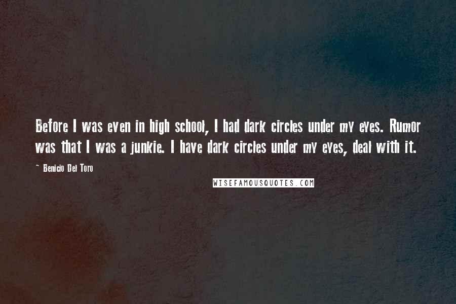 Benicio Del Toro Quotes: Before I was even in high school, I had dark circles under my eyes. Rumor was that I was a junkie. I have dark circles under my eyes, deal with it.