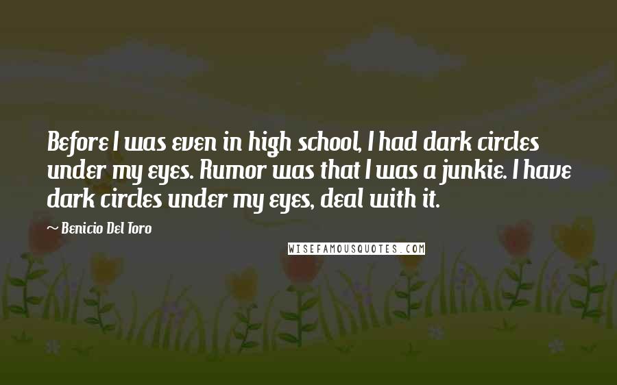 Benicio Del Toro Quotes: Before I was even in high school, I had dark circles under my eyes. Rumor was that I was a junkie. I have dark circles under my eyes, deal with it.