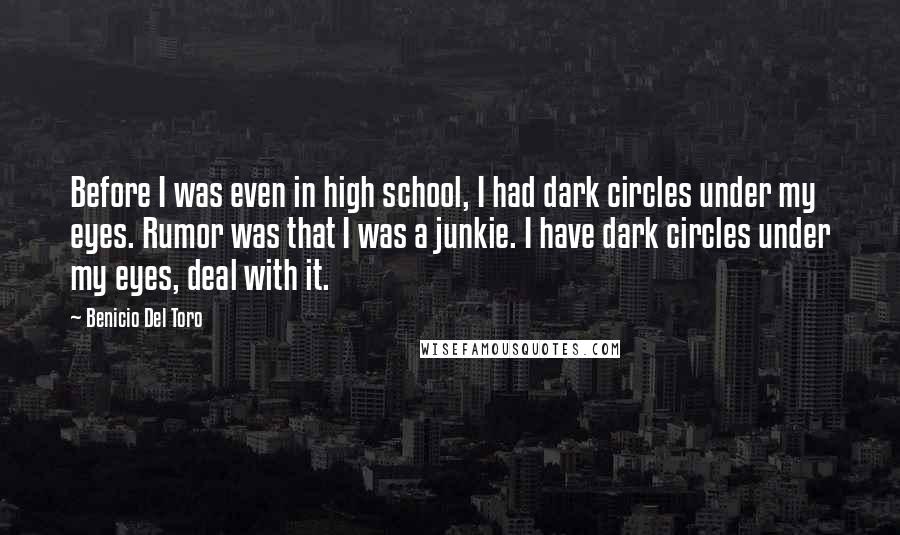 Benicio Del Toro Quotes: Before I was even in high school, I had dark circles under my eyes. Rumor was that I was a junkie. I have dark circles under my eyes, deal with it.