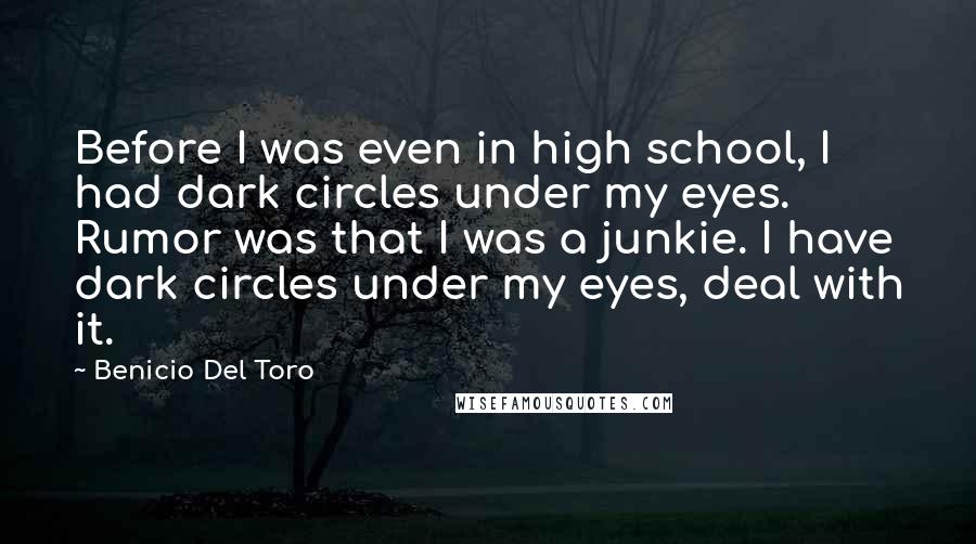 Benicio Del Toro Quotes: Before I was even in high school, I had dark circles under my eyes. Rumor was that I was a junkie. I have dark circles under my eyes, deal with it.