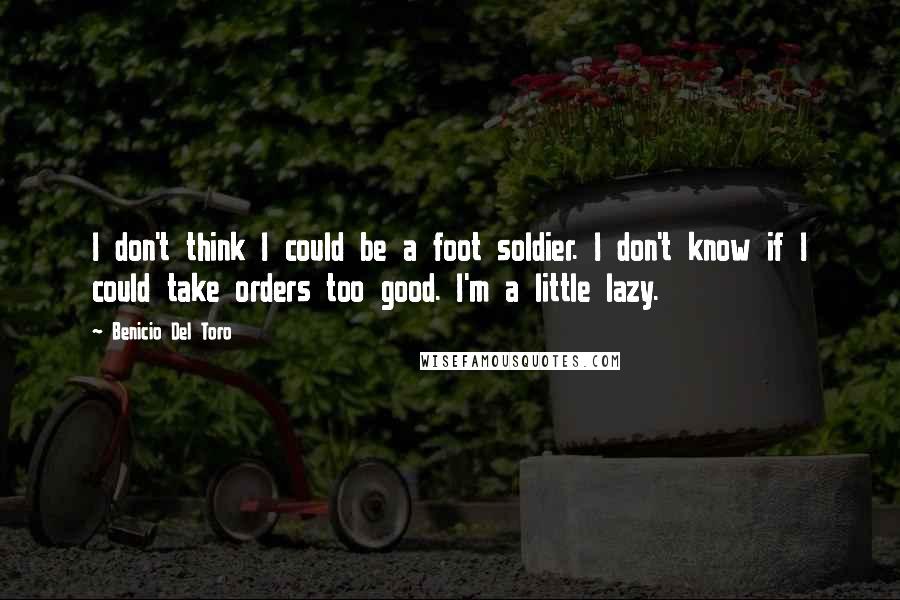 Benicio Del Toro Quotes: I don't think I could be a foot soldier. I don't know if I could take orders too good. I'm a little lazy.