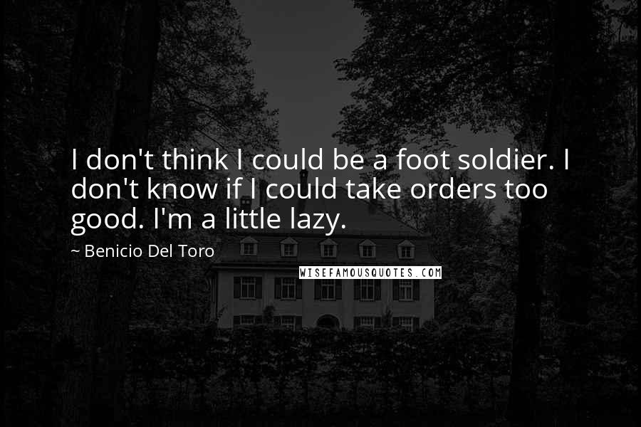 Benicio Del Toro Quotes: I don't think I could be a foot soldier. I don't know if I could take orders too good. I'm a little lazy.