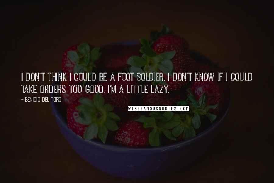 Benicio Del Toro Quotes: I don't think I could be a foot soldier. I don't know if I could take orders too good. I'm a little lazy.