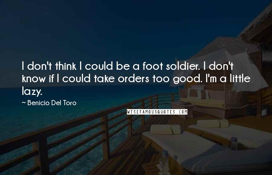 Benicio Del Toro Quotes: I don't think I could be a foot soldier. I don't know if I could take orders too good. I'm a little lazy.