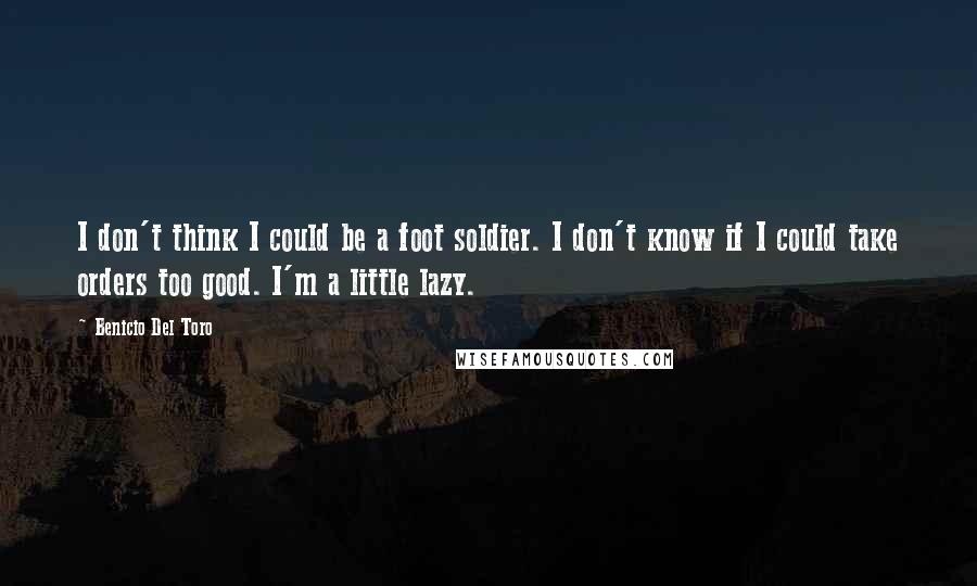 Benicio Del Toro Quotes: I don't think I could be a foot soldier. I don't know if I could take orders too good. I'm a little lazy.