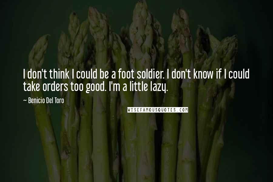 Benicio Del Toro Quotes: I don't think I could be a foot soldier. I don't know if I could take orders too good. I'm a little lazy.