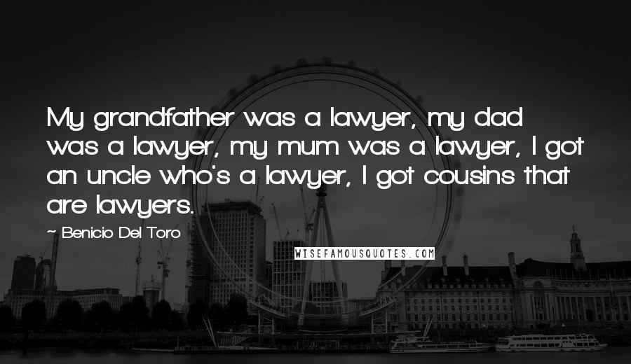 Benicio Del Toro Quotes: My grandfather was a lawyer, my dad was a lawyer, my mum was a lawyer, I got an uncle who's a lawyer, I got cousins that are lawyers.