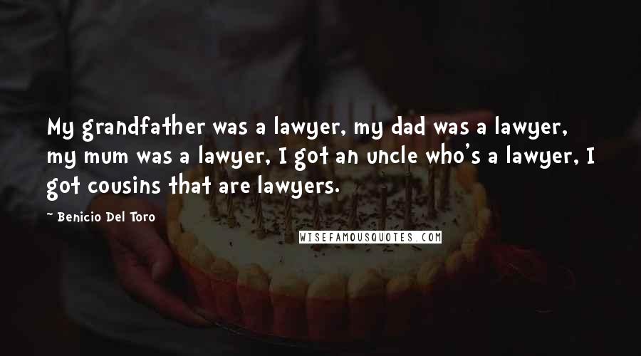 Benicio Del Toro Quotes: My grandfather was a lawyer, my dad was a lawyer, my mum was a lawyer, I got an uncle who's a lawyer, I got cousins that are lawyers.