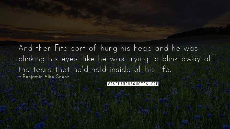 Benjamin Alire Saenz Quotes: And then Fito sort of hung his head and he was blinking his eyes, like he was trying to blink away all the tears that he'd held inside all his life.