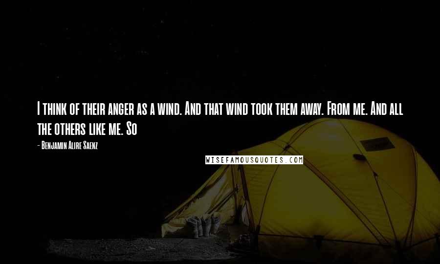 Benjamin Alire Saenz Quotes: I think of their anger as a wind. And that wind took them away. From me. And all the others like me. So