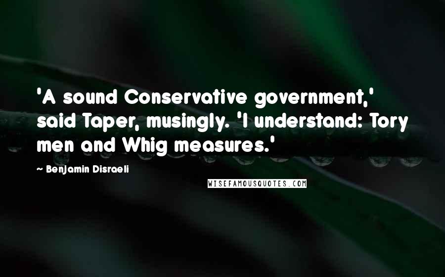 Benjamin Disraeli Quotes: 'A sound Conservative government,' said Taper, musingly. 'I understand: Tory men and Whig measures.'