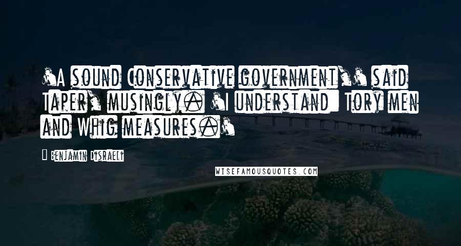 Benjamin Disraeli Quotes: 'A sound Conservative government,' said Taper, musingly. 'I understand: Tory men and Whig measures.'