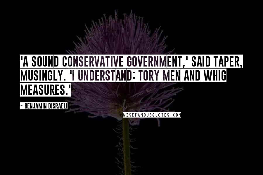 Benjamin Disraeli Quotes: 'A sound Conservative government,' said Taper, musingly. 'I understand: Tory men and Whig measures.'