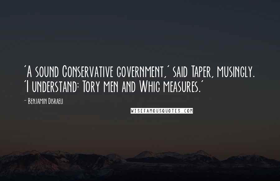 Benjamin Disraeli Quotes: 'A sound Conservative government,' said Taper, musingly. 'I understand: Tory men and Whig measures.'