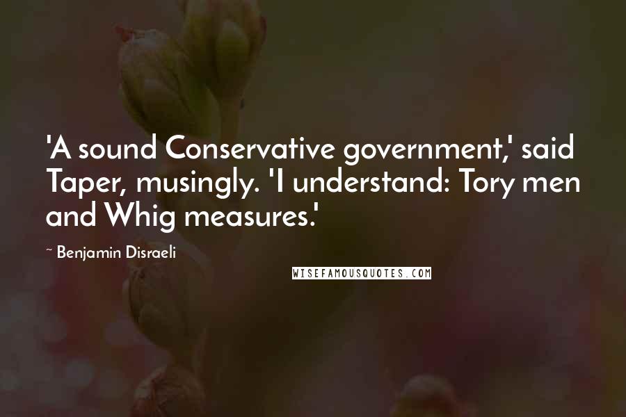 Benjamin Disraeli Quotes: 'A sound Conservative government,' said Taper, musingly. 'I understand: Tory men and Whig measures.'