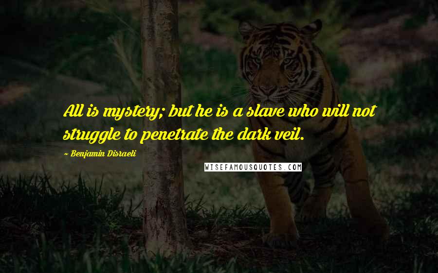 Benjamin Disraeli Quotes: All is mystery; but he is a slave who will not struggle to penetrate the dark veil.