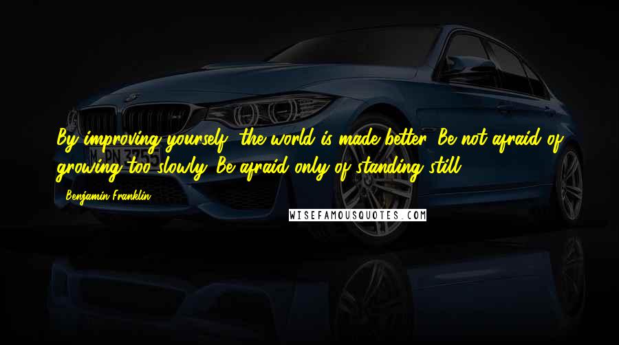 Benjamin Franklin Quotes: By improving yourself, the world is made better. Be not afraid of growing too slowly. Be afraid only of standing still.