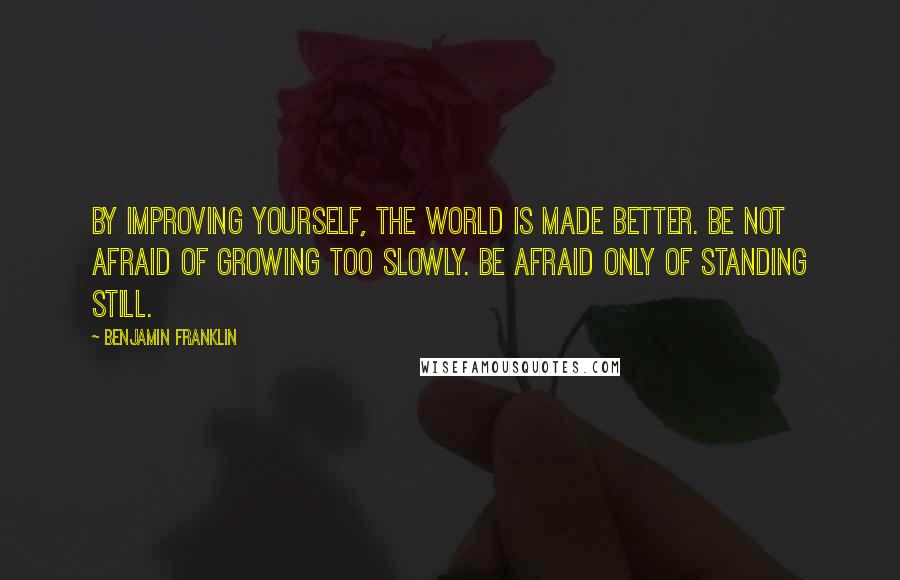 Benjamin Franklin Quotes: By improving yourself, the world is made better. Be not afraid of growing too slowly. Be afraid only of standing still.