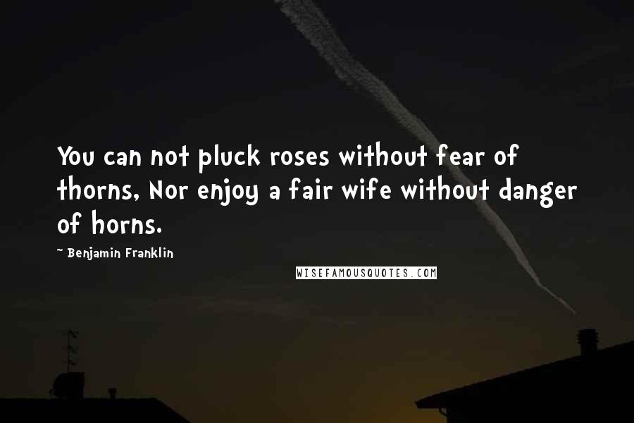 Benjamin Franklin Quotes: You can not pluck roses without fear of thorns, Nor enjoy a fair wife without danger of horns.