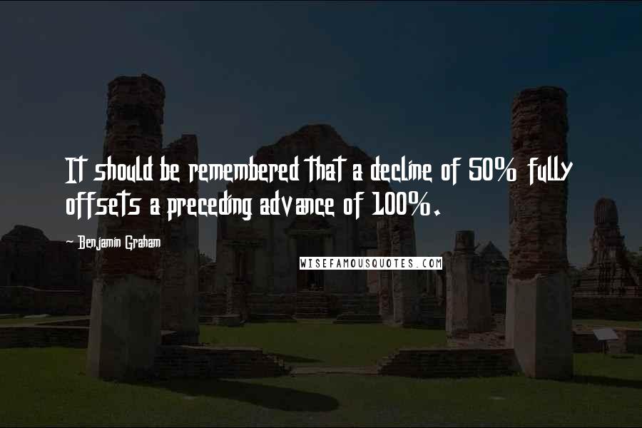 Benjamin Graham Quotes: It should be remembered that a decline of 50% fully offsets a preceding advance of 100%.