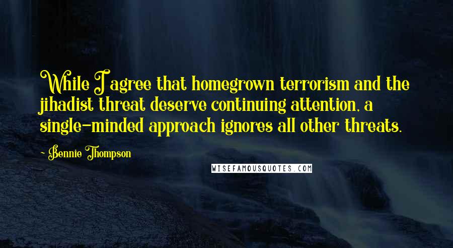 Bennie Thompson Quotes: While I agree that homegrown terrorism and the jihadist threat deserve continuing attention, a single-minded approach ignores all other threats.