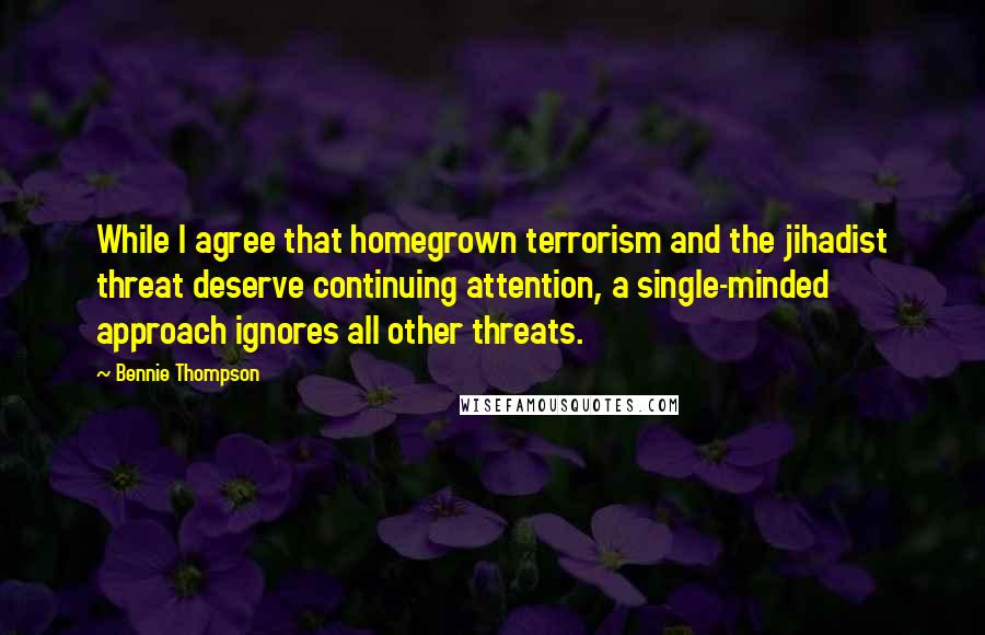 Bennie Thompson Quotes: While I agree that homegrown terrorism and the jihadist threat deserve continuing attention, a single-minded approach ignores all other threats.