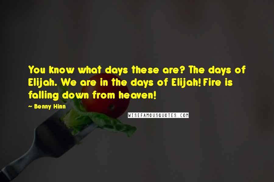 Benny Hinn Quotes: You know what days these are? The days of Elijah. We are in the days of Elijah! Fire is falling down from heaven!