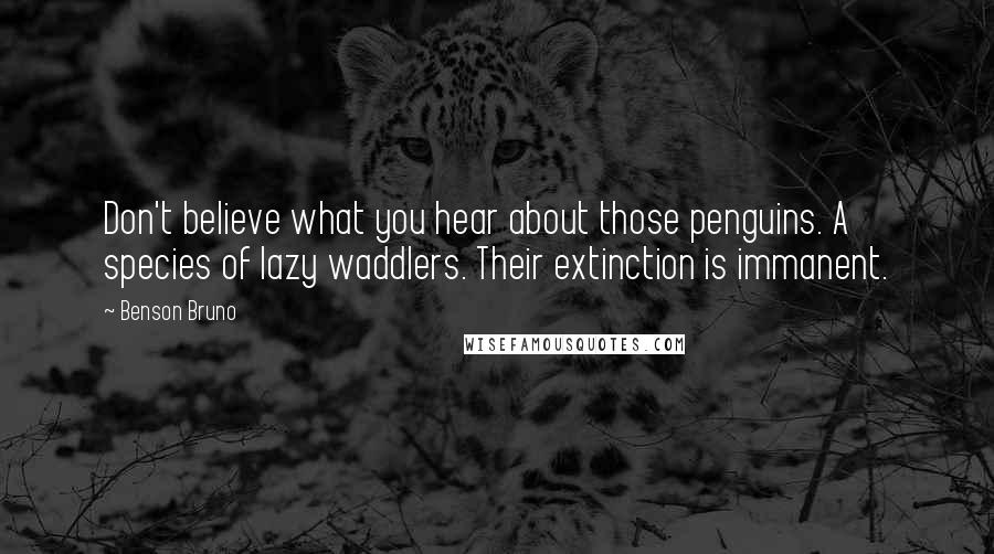 Benson Bruno Quotes: Don't believe what you hear about those penguins. A species of lazy waddlers. Their extinction is immanent.