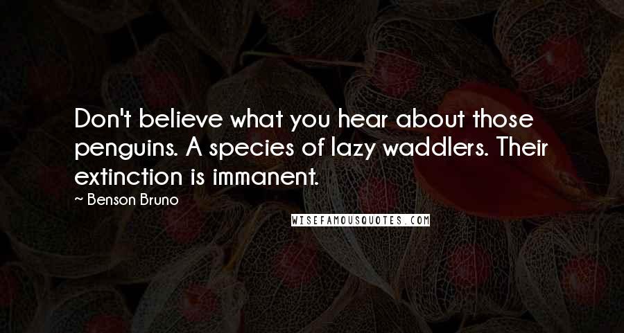 Benson Bruno Quotes: Don't believe what you hear about those penguins. A species of lazy waddlers. Their extinction is immanent.